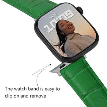 Klyingor Leather Watch Band Compatible for Apple Watch Bands 45mm 44mm 42mm, Alligator Leather Replacement Strap Wristband for Men Women Compatible with iWatch Series 8 SE2 7 6 5 4 3 2 1 SE-Green