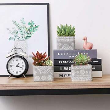 T4U 3.5 Inch Cement Succulent Pot with Bamboo Saucer Set of 3, Concrete Square Planter Cactus Plant Herb Container for Gardening Home and Office Decoration Birthday Wedding