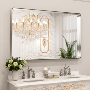 LOAAO 50X30 Inch Brushed Nickel Bathroom Mirror with Rounded Rectangle Silver Metal Frame
