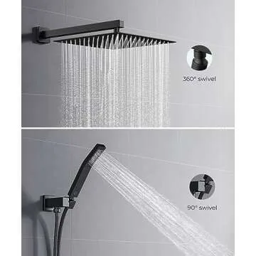 FORIOUS Rain Shower Head System, 12 Inch Bathroom Shower Faucet Set with Handheld Spray Combo, Solid Brass Pressure Balanced Valve Kit Fixtures, Wall Mounted, Matte Black