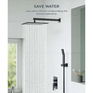 FORIOUS Rain Shower Head System, 12 Inch Bathroom Shower Faucet Set with Handheld Spray Combo, Solid Brass Pressure Balanced Valve Kit Fixtures, Wall Mounted, Matte Black