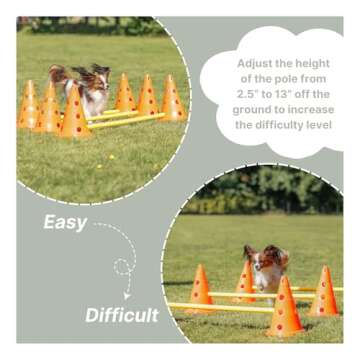 TRIXIE Dog Agility Hurdle Cone Set – Dog Agility Set with Height Adjustable Crossbar for Beginners & Advanced, Dog Agility Equipment for Dog Obstacle Courses – 6 x Cones, 3 x Agility Rods