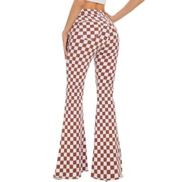 Odefou Bell Bottom Jeans for Women - Stylish High Waisted Plaid Flare Pants