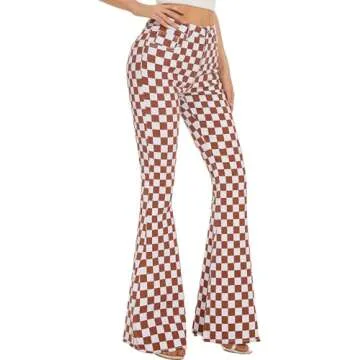 Odefou Plaid Bell Bottom Jeans for Women - High Waisted
