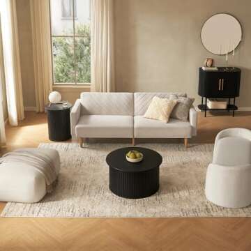 mopio Quin Pedestal Side Table, Tambour Round Fluted End Table, Small Accent Tables for Living Room, Mid Century Modern Night Stand, Circle Bedside Tables, Wood Nightstands for Bedroom (Black Oak)