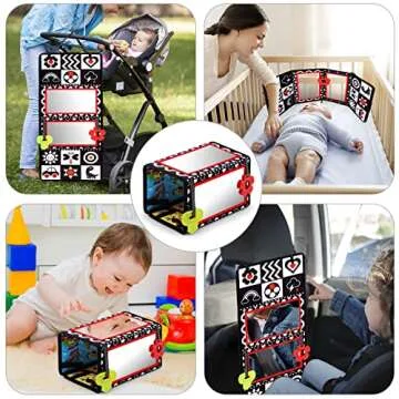 Tummy Time Floor Mirror with Teethers, Double-Sided Baby Mirror Black and White High Contrast Baby Toys for Babies, Baby Montessori Toys Crawling Developmental Newborn Infant Sensory Toys (A-Mirror)