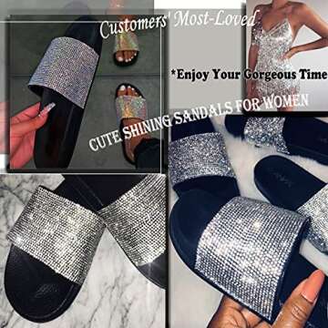 Glitter Slides Clear Rhinestone Flat Sandals For Women 2021 Dressy Summer With Arch Support And Comfort Soft Sole Black Size 7