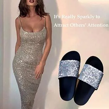 Glitter Slides Clear Rhinestone Flat Sandals For Women 2021 Dressy Summer With Arch Support And Comfort Soft Sole Black Size 7