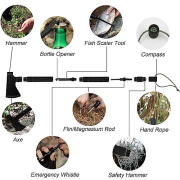 iunio Camping Axe, Hatchet with Sheath, Multi-Tool, Camp Ax, Survival Gear, Folding Portable Tools, for Hiking, Backpacking, Emergency, Hunting, Outdoor