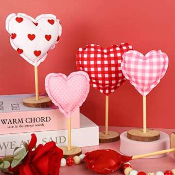 Whaline 5Pcs Valentine's Day Fabric Tall Standing Heart Block Set Heart Tabletop Centerpiece Sign Wood Valentine Heart Standing Blocks Tiered Tray Decor for Farmhouse Home Office Table Decoration