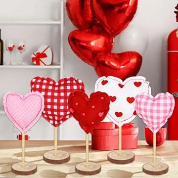 Whaline 5Pcs Valentine's Day Fabric Tall Standing Heart Block Set Heart Tabletop Centerpiece Sign Wood Valentine Heart Standing Blocks Tiered Tray Decor for Farmhouse Home Office Table Decoration