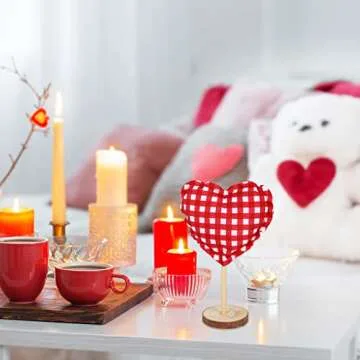 Whaline 5Pcs Valentine's Day Fabric Tall Standing Heart Block Set Heart Tabletop Centerpiece Sign Wood Valentine Heart Standing Blocks Tiered Tray Decor for Farmhouse Home Office Table Decoration