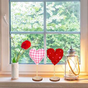 Whaline 5Pcs Valentine's Day Fabric Tall Standing Heart Block Set Heart Tabletop Centerpiece Sign Wood Valentine Heart Standing Blocks Tiered Tray Decor for Farmhouse Home Office Table Decoration