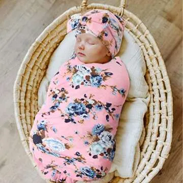 DRESHOW BQUBO Newborn Floral Receiving Blankets Newborn Baby Swaddling Hats Sleepsack Toddler Warm Shower Gift 3 Pack
