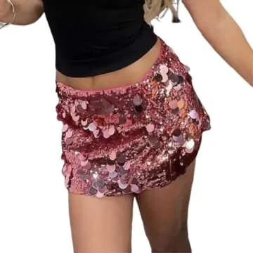 ANKOMINA Women's Sexy Shiny Sequin Mini Skirt Glitter Low Waist Pencil Skirts Bodycon Dance Party Club Short Skirt Pink