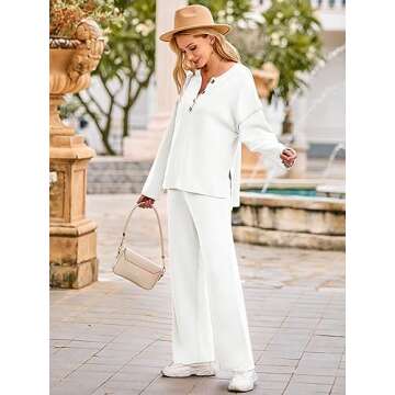 MEROKEETY Women's 2 Piece Outfit Sets Long Sleeve Button Knit Pullover Sweater and Pants Lounge Sets Beige Medium