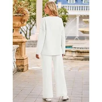 MEROKEETY Women's 2 Piece Outfit Sets Long Sleeve Button Knit Pullover Sweater and Pants Lounge Sets Beige Medium