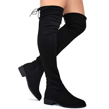 Premier Standard - Women's Fashion Comfy Vegan Suede Block Heel Side Zipper Back Lace Thigh High Over The Knee Boots,Black Suede O14,9