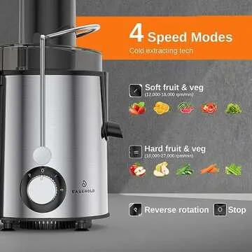 EASEHOLD Juicer Machine, Centrifugal Juicer Extractor with Wide Mouth Large 2.5”Feed Chute for Whole Fruit and Veg, 600W Motor, Juice Maker with 4 Speeds, BPA Free, Easy to Clean, Stainless Steel