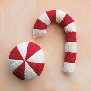 Creative Co-Op, Red and White Cotton Sherpa Candy Cane Shaped Pillow