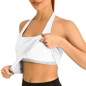 H-Quenby Halter Sports Bras for Women Backless Crop Bras Top with Built in Bra for Yoga Running Fitness White
