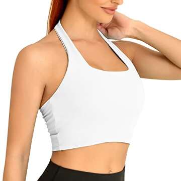 H-Quenby Halter Sports Bras for Women Backless Crop Bras Top with Built in Bra for Yoga Running Fitness White