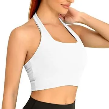 H-Quenby Halter Sports Bras for Women Backless Crop Bras Top with Built in Bra for Yoga Running Fitness White