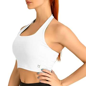 H-Quenby Halter Sports Bras for Women Backless Crop Bras Top with Built in Bra for Yoga Running Fitness White
