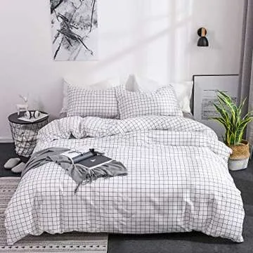 OLDBIAO Plaid Duvet Cover White Queen Duvet Cover 3 Pieces Brushed Microfiber Grid Quilt Cover Set,1x Duvet Cover 2X Pillowcases,Comforter Cover with Zipper Closure (Queen)