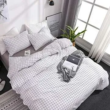 OLDBIAO Plaid Duvet Cover White Queen Duvet Cover 3 Pieces Brushed Microfiber Grid Quilt Cover Set,1x Duvet Cover 2X Pillowcases,Comforter Cover with Zipper Closure (Queen)