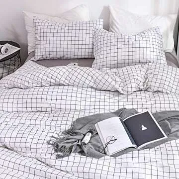 OLDBIAO Plaid Duvet Cover White Queen Duvet Cover 3 Pieces Brushed Microfiber Grid Quilt Cover Set,1x Duvet Cover 2X Pillowcases,Comforter Cover with Zipper Closure (Queen)