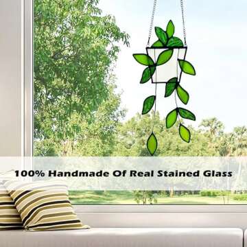 Royxen Stained Glass Window Hanging Green Plants Artificial Deocr Faux Plant Suncatchers, Gift for Plant Lover