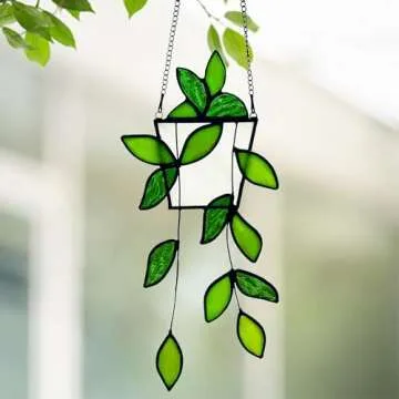 Royxen Stained Glass Window Hanging Green Plants Artificial Deocr Faux Plant Suncatchers, Gift for Plant Lover