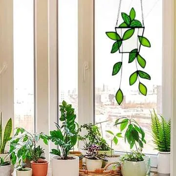 Royxen Stained Glass Window Hanging Green Plants Artificial Deocr Faux Plant Suncatchers, Gift for Plant Lover