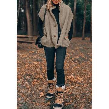 Hongqizo Women's Casual Sherpa Fleece Lightweight Coat Vest Lapel Open Front Fleece Cardigan Fuzzy Fleece Vest(Tan,M)