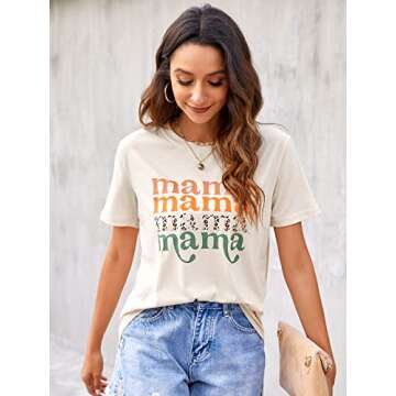 Blooming Jelly Womens Mama Shirt Solid Color Basic Tees Cute Summer Tops Casual Mom Life Shirts （Large,Beige）