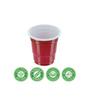 Disposable Shot Glasses - Mini Red Party Cups - 120 Count 2 Ounce - Plastic Shot Cups - Jello Shots - Jager Bomb - Beer Pong - Perfect Size for Serving Condiments, Snacks, Samples and Tastings