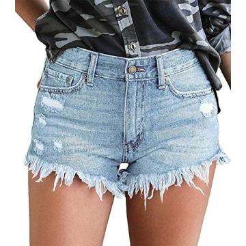onlypuff High Waisted Jean Shorts Women's Casual Denim Shorts Elastic Waist Light Blue L，