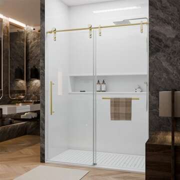 Shower Door 56-60" W × 76" H Glass Shower Door with 5/16"(8mm) Clear Tempered Glass,Frameless Shower Door with Handle and Seal Strip for Waterproof,Sliding Shower Door in Stylish and Modern,Gold