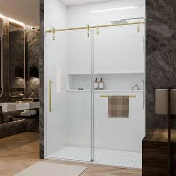 Shower Door 56-60" W × 76" H Glass Shower Door with 5/16"(8mm) Clear Tempered Glass,Frameless Shower Door with Handle and Seal Strip for Waterproof,Sliding Shower Door in Stylish and Modern,Gold