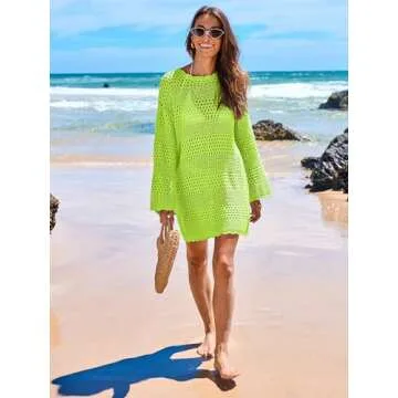 ANRABESS Women Swimsuit Crochet Swim Cover Up 2024 Summer Bathing Suit Swimwear Mesh Knit Beach Dress Vacation Outfits Green Medium