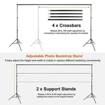 iMounTEK Backdrop Stand Photo Video Studio, 10Ft Wide Adjustable Backdrop Stand, Background Support System Kit with Clamps Carry Bag for Photography/Wedding/Party Decoration