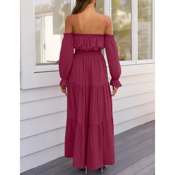 ZESICA Women's Boho Off Shoulder Long Sleeve Maxi Dress