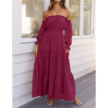 ZESICA Women's Boho Off Shoulder Long Sleeve Maxi Dress