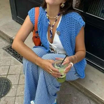 Hixiaohe Womens Crochet Chunky Knit Top Sleeveless Button Down Crop Tops Trendy Cardigan Sweater Vest for Women with Pockets(Blue,S)