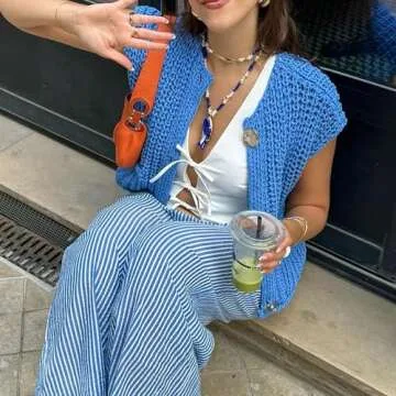 Hixiaohe Womens Crochet Chunky Knit Top Sleeveless Button Down Crop Tops Trendy Cardigan Sweater Vest for Women with Pockets(Blue,S)