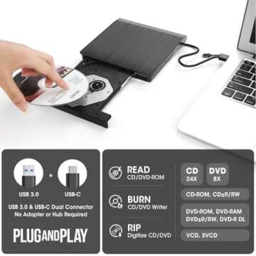 ROOFULL External CD DVD Drive USB 3.0 Type-C Portable CD/DVD-ROM +/-RW Read/Write Disc Drive CD Read...