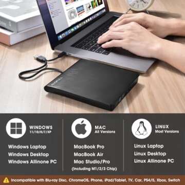 ROOFULL External CD DVD Drive USB 3.0 Type-C Portable CD/DVD-ROM +/-RW Read/Write Disc Drive CD Reader Burner DVD Player for Laptop PC Windows 11/10 Computer Mac MacBook Linux with Carrying Case