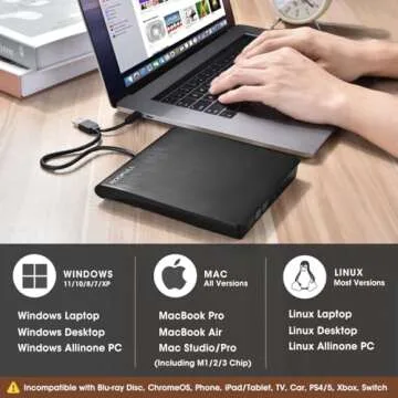 ROOFULL External CD DVD Drive USB 3.0 Type-C Portable CD/DVD-ROM +/-RW Read/Write Disc Drive CD Reader Burner DVD Player for Laptop PC Windows 11/10 Computer Mac MacBook Linux with Carrying Case