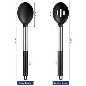 HOTEC Heat Resistant Large Silicone Cooking Spoon, Solid Slotted Spoons, Nonstick Kitchen Cookware U...